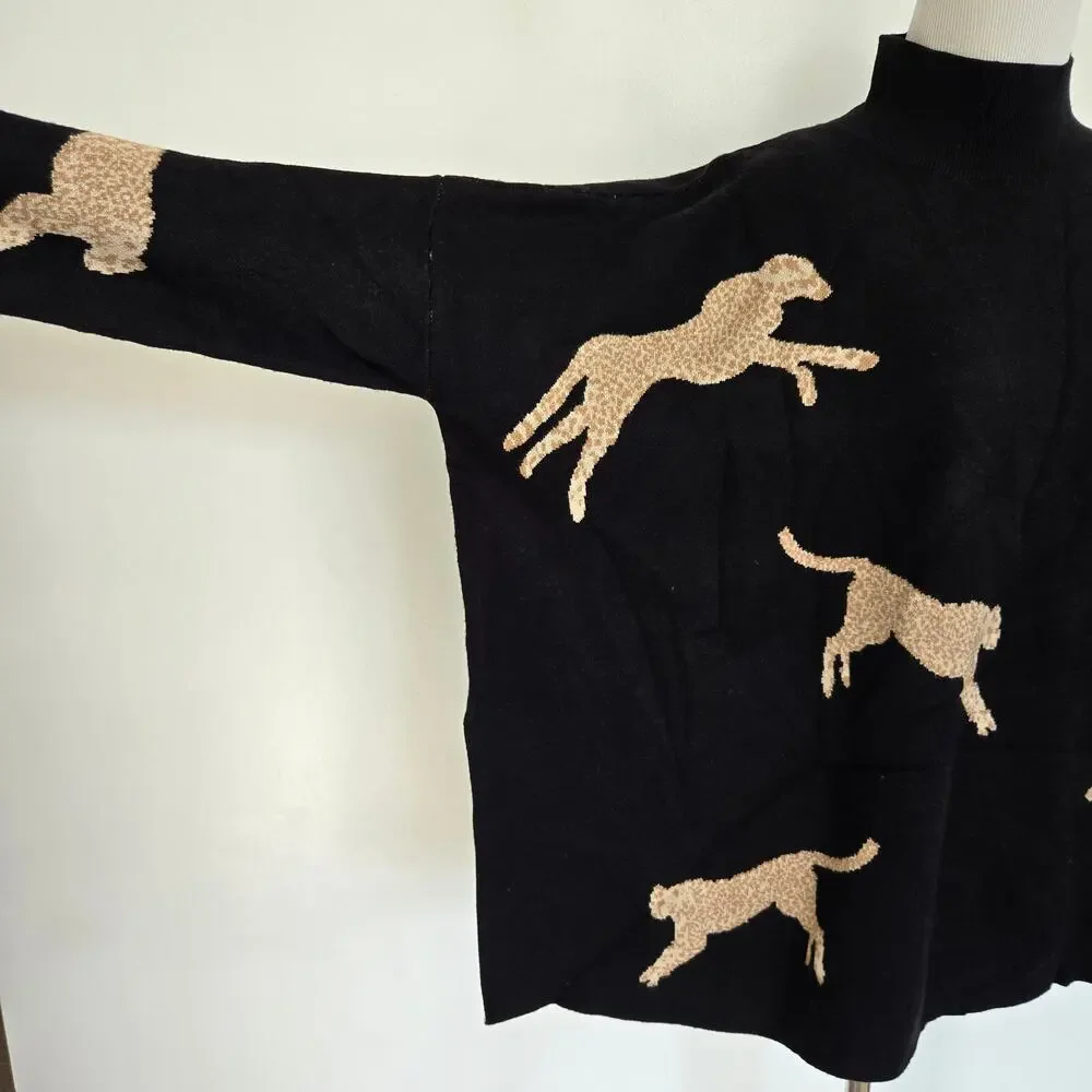 Entro Oversized Cheetah Sweater Black Mock Neck Novelty Animals Women Small